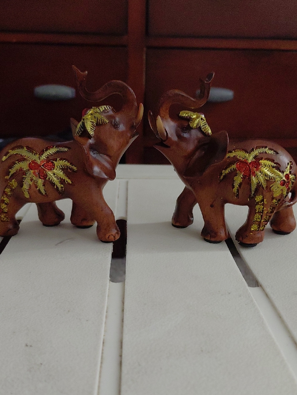 Wooden Elephant Figurine Pair with Gold Accents